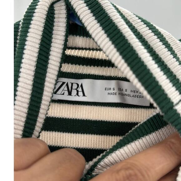 Zara Cropped Knit ribbed green white turtleneck top fall staple size small - Picture 7 of 9